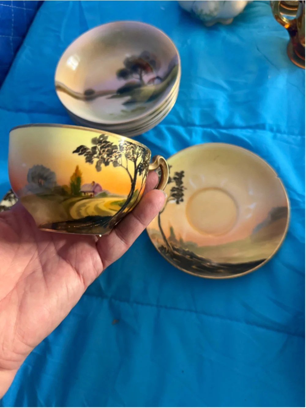 Vintage Nippon Hand Painted Porcelain Dinnerware Set, Beige and Gold, One Size